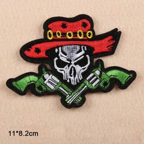 Skull With Gun Leaf Wholesale Iron on Embroidered Cloth Clothes Patch For Clothing Girls Boys