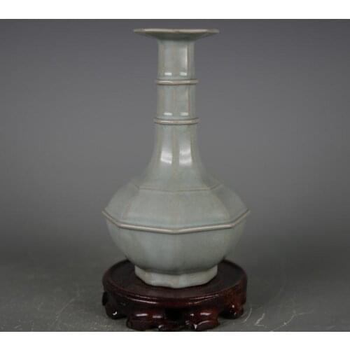 Antique SongDynasty porcelain vase,Ru Kiln green glaze petal peony bottle,hand painted crafts,Decoration,Collection&Adornment