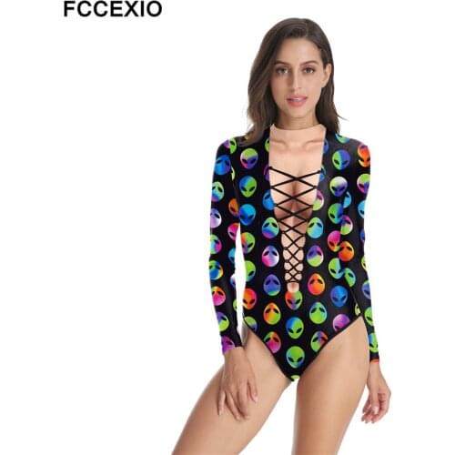 FCCEXIO Alien Head Pattern 3D Printed Women Swimsuit Summer Casual Long Sleeve Beachwear Bathing Suit Sexy Tight Swimwear