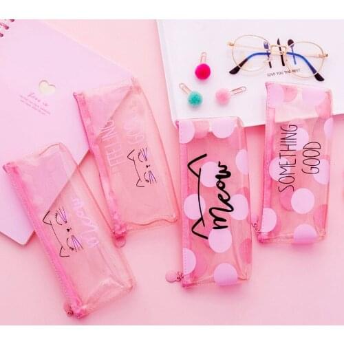 Kawaii Dot Transparent Pencil Case School Bags Cute Cat Pencil Box Pen Case For Kids Gift Korean Stationery Office Supplies