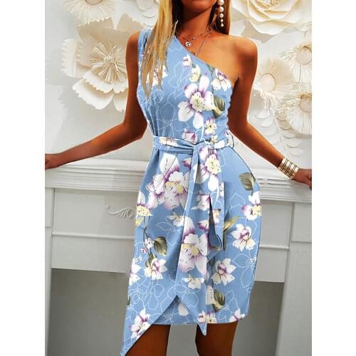 Summer Skew Collar One Shoulder Mini Dress 2021 Women Sexy Backless Lace-Up Irregular Dresses Ladies Office Lady Party Dress