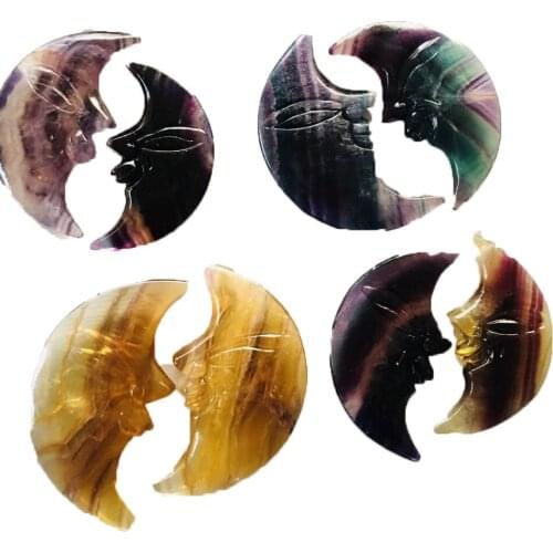 Natural Crystal Stone Rainbow Fluorite Moon Bear Smiling Face Clouds Figurine Quartz Mineral Reiki Healing Home Decor Gift