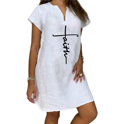 2021 Women Summer Dresses Letters Print V Neck Solid Color Loose Waist Cotton Flax Short Sleeve Causal Dress