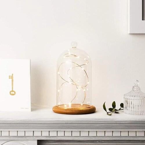 Clear Glass Jar Dome Cover Decorative Bell Cover Fresh Flower Glass Cover for Wedding Party Valentine + Bamboo Wood Flat Bottom
