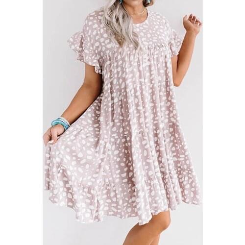 Pink Leopard Ruffled Sleeve Shift Mini Dress Women Casual O Neck A Line Beach Boho Loose Short Dress