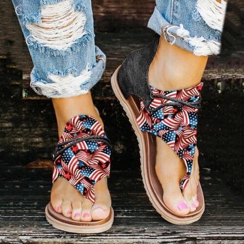 TELOTUNY Sandals Women Summer Independence Day Print Zipper Flip Flops Beach Open Toe Flat Breathable Sandals Ladies Footwear
