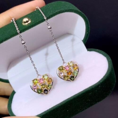 Natural tourmaline stud earrings, colorful gemstones, flashing starlight, 925 silver, precision