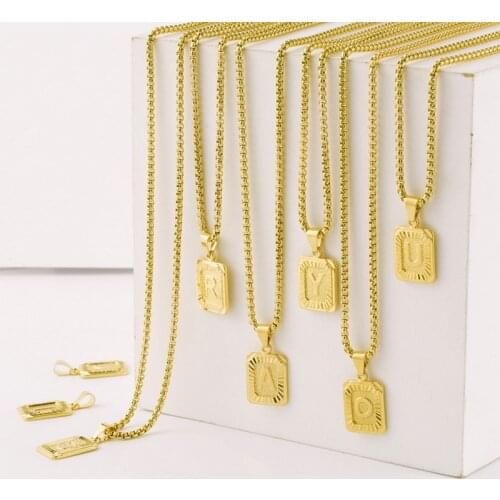 Unisex Gold Square Letter Pendant Necklace Vintage Capital Letters Necklace for Women Fashion Gold Neck Chain Couples Gifts
