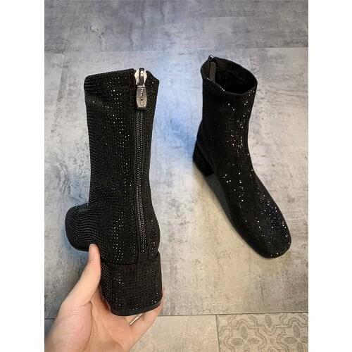Womens shoes ankle boots 2020 autumn and winter new fashion zipper flashing diamond sequined square toe mid-heel boots