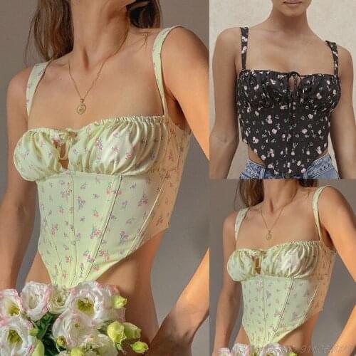 Women Sexy Sleeveless Square Neck Crop Top Ruched Lace-Up Boned Bodycon Corset Camisole Vintage Lady Floral Print Bustiers Slim