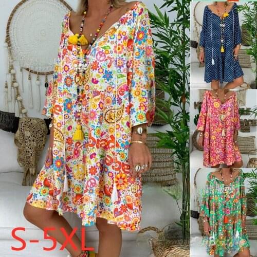 Multi-color Dot Printing Embossed Summer Dress V-neck Drawstring Three Quarter Sleeve Causal Loose Office Lady Womens Dresses