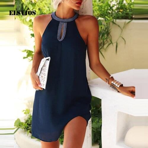 Fashion Sleeveless Solid Color Halter Dress Summer Womens Casual Sexy Hollow A-Line Vestidos Elegant Ladies Loose Beach Dresses
