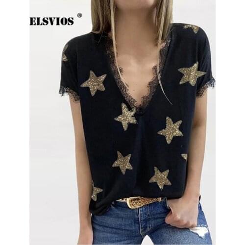 10 Colors V-Neck Star Print Sexy Lace T-Shirt Summer Loose Mid-Length Clothing Female Short-Sleeve Casual Top Women Harajuku Tee