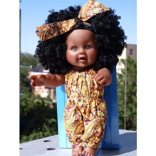 12inch African American Doll Black Baby Girl Figures with Head Band, Orange Rompers, Play Dolls for Kids Perfect Gift