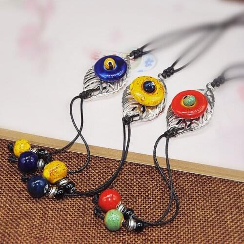 12 Pieces/Lot Vintage Rope Chain Necklace Ceramic Bead Charm Choker Long Pendants Necklace Sweater Chain Statement Jewelry Women