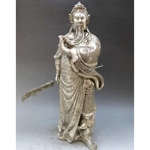 15" China silver handwork carved fine dragon Guan Yu sculpture Guan Gong Statue
