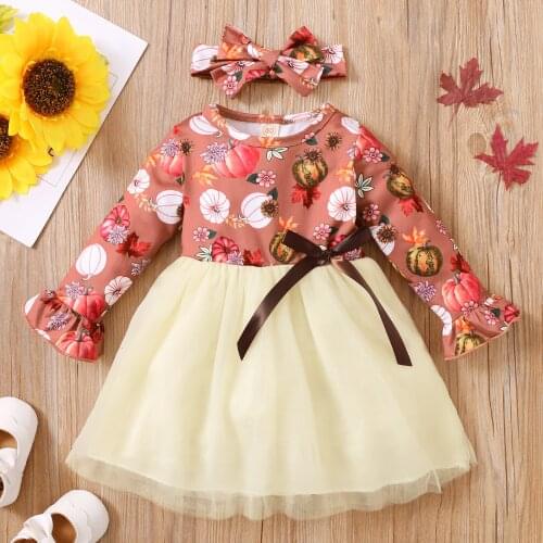 Cute Toddler Girls 2Pcs Halloween Clothes Dress Pumpkin Floral Print Long Sleeve Mess Dress Headband Suit