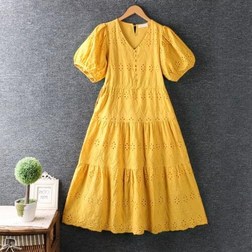 2021 New Summer Small Fresh Cotton Dress Hollow Embroidery Dress V Neck Short Sleeve Midi Dress