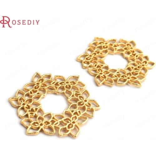 34898)6PCS 31x31MM 24K Gold Color Brass Flower Circle Connect Charms Pendants High Quality Diy Accessories Jewelry Findings