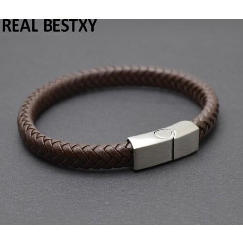 5pcs/lot Fashion Brown Braided Leather Bracelet Men Stainless Steel Magnetic Buckle Woven Bangles Pulseira Masculina Dropshipp