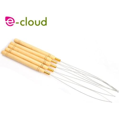 Fashion 5 Pcs Hair Extension Hook Pulling Tool Needle Threader Micro Rings Beads Loop Wooden Handle With Iron Wire Hotting