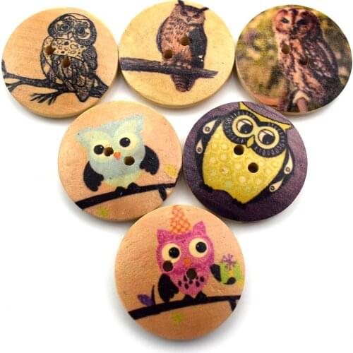 50PCS Wood Sewing Button Scrapbooking Round Mixed 2 Holes Owl Pattern 30mm Costura Botones Decorate Bottoni Buttons for Crafts