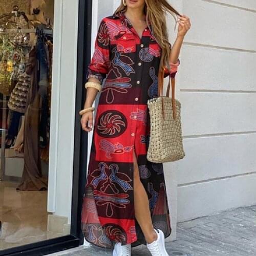 70% Dropshipping!!Women Fashion Long Sleeve Printed Pockets Buttons Party Beach Maxi Shirt Dress
