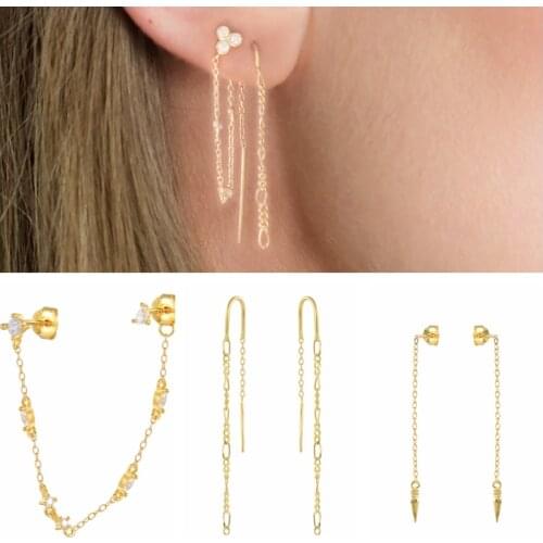 Aide 100% 925 Fine Silver Delicate Dainty Chain Earring for Women Elegant Crystal Zircon Stud Earrings Pendientes Brincos Gifts