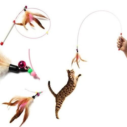 Multicolor Wire Chaser Wand Teaser Feather Bell Beads Play Fun Pet Cat Toy