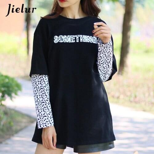 Jielur New Womens T-shirts Letters Print Fake Two Piece Patchwork S-L Female T Shirt Loose Tees Shirt Blue Black White Tops