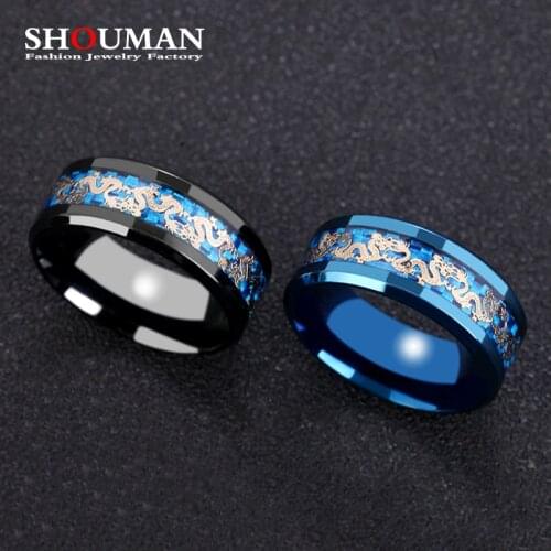 SHOUMAN Black Blue Carbon Fiber Dragon Inlay Personalized Name Wedding Band Amulet Ring for Women Mens Fashion Jewelry
