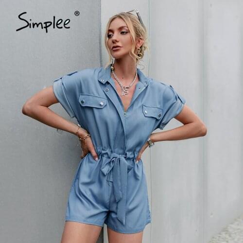 Simplee High street pocket summer jumpsuit romper blue Casual button rompers womens jumpsuit Lace up overall chain female romper