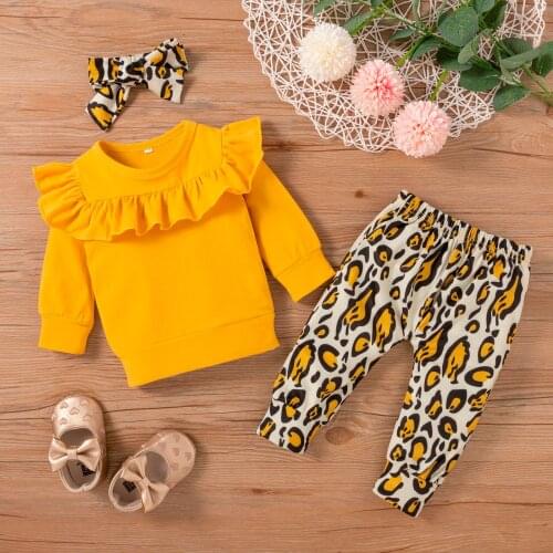 TELOTUNY 3Pcs Baby Girl Outfit Set Newborn Infant Girls Solid Color Ruffle T-Shirt Tops+Leopard Pants+Headband Outfits Set 0-24M