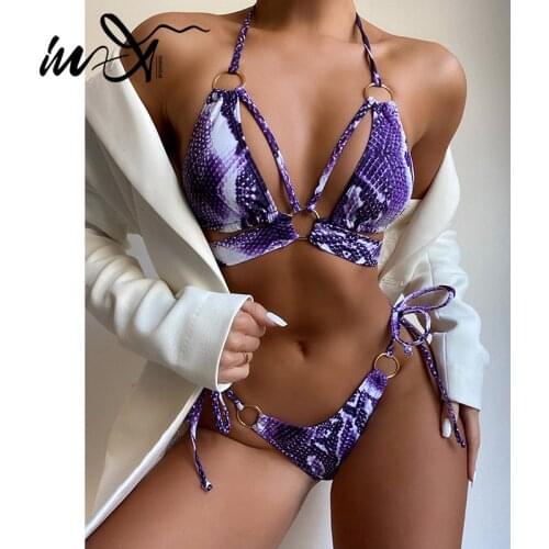In-X Snake print bikini 2021 Hollow out swimwear women Ring swimsuit womens swimming suit Bandage bathing suit Sexy 2 pieces