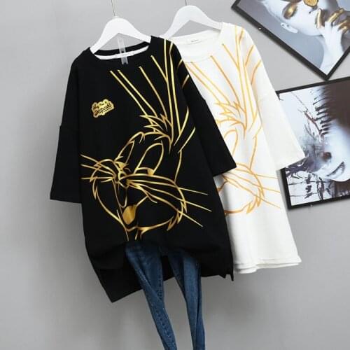 Limiguyue Plus Size Tees Golden Print Loose Summer T Shirt Women Half-sleeve T Shirts Bronzing Cartoon Rabbit Fashion Tops K1878