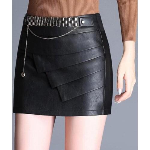 Fall Winter Fashion Womens Sequins 4XL 5XL Black PU Leather Shorts Skirt , Autumn Casual Female Woman Slim Pencil Shorts