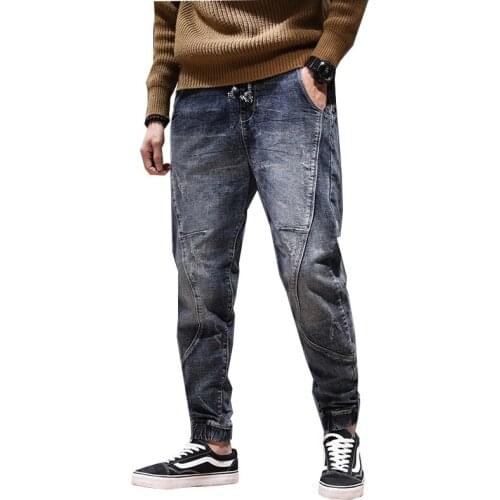 Joggers Jean Men Fashion Leisure Riding Jeans Male Motorcycle Jean Streetwear Drawstring Elastic Waist Ruched Pants Plus Size 42