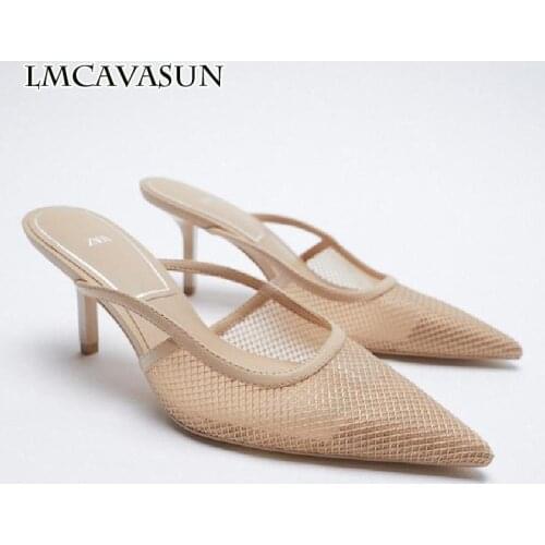 LMCAVASUN 2021 Summer Air mesh Mules Women High heels with Pointed Lady Sandals Fashion slippers for women