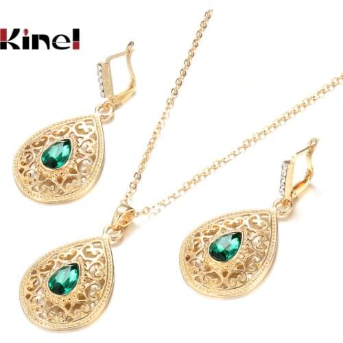 Kinel Elegant Algeria Wedding Jewelry Sets Women Earring Necklace Arab Gold Color Ethnic Bridal Jewelry Bijoux Crystal Gift