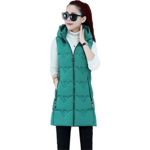 Autumn Winter Cotton Vest Women Mid-Length Female Down Cotton Jacket Large Size Hooded Waistcoat Lady Warm Cotton Padded Coat