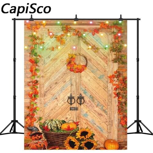 Capisco Fall Photography Backdrop Autumn Maple Leaves Decoration Pumpkin Farm Rustic Door Photo Background Photocall Photobooth