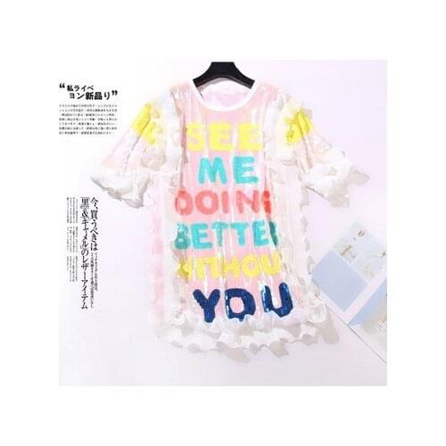 Casual Straight Small Letters Half Petal Sleeve O-neck Symphony White Pink Free Szie Loose Summer Women Sequined Dress 9970