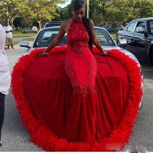 Luxury Red Halter Mermaid Feather Evening Dresses Appliques Backless Sequined Formal Evening Gown Plus Size Satin Prom Dress
