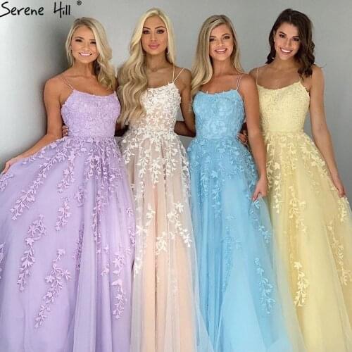 Serene Hill Champagne Prom Dress Long 2020 Crystal Lace Flower Sleeveless Sexy A-Line Graduation School Party Wear Gown CLA70506