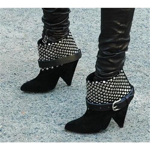 Sestito The Latest 2018 Woman Cool Rivets Embellished Slip-on Ankle Boots Girls Spike Heels Pointed Toe Shoes Lady Buckle Shoes