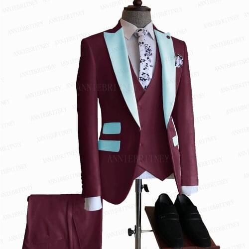 2021 Burgundy Groom Wedding Suit 3 Pieces Set Tailored Fashion Suit For Men Best Man Slim Fit Blazer Vest with Pants Tuxedo Set