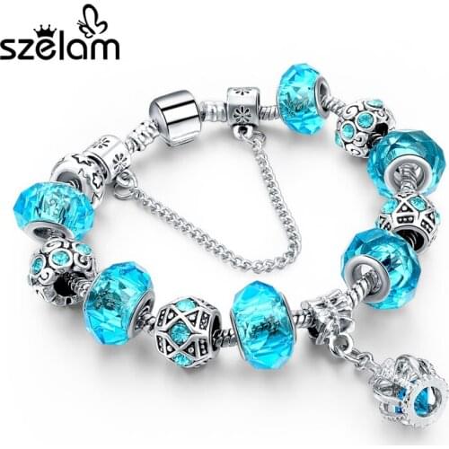 Szelam Summer Style Silver Crown Charm Bracelets & Bangles Blue Crystal/Glass Beads Women Bracelets Pulsera Sbr160016