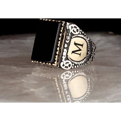 Natural Onyx Stone 925 Silver Engraved Traditional Ring Handmade Turkish Signet Rings Rock Jewelry Gift for Women Men