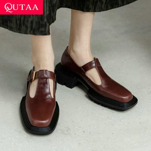 QUTAA 2021 T-strap Buckle Square Heel Female Shoes Spring Autumn Platform Genuine Leather Square Toe Women Pumps Size 34-39