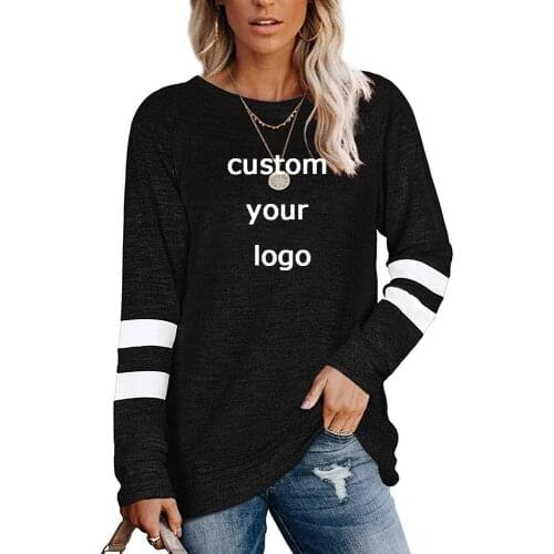 Women T-Shirt Custom Logo Tops Solid Color Stitching Round Neck Long Sleeve Casual Loose T-Shirt